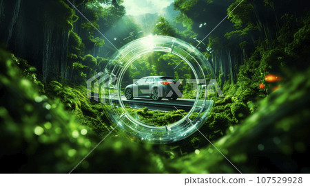 Electric car on a road going through green forest 107529928