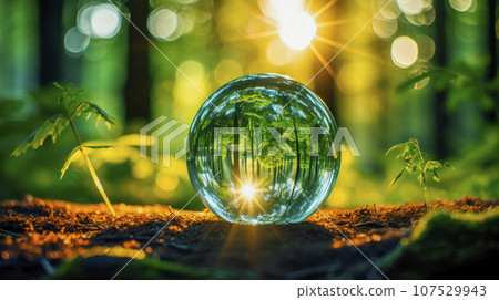 Crystal glass ball in a green forest with a sunlight 107529943