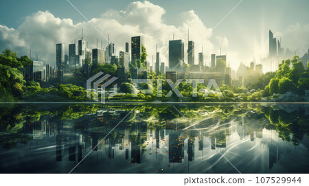 Futuristic city with a skyscrapers and green forest lush 107529944
