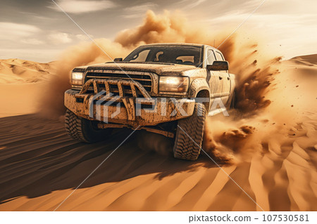 Drifting pickup truck in a desert 107530581