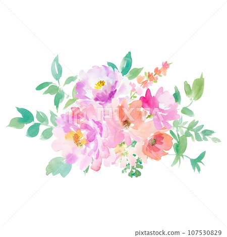 Bouquet illustration material of pink and purple flowers painted in watercolor 107530829