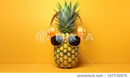 Fashion pineapple with sunglasses and headphones on a yellow color background. Summer vibe and party concept. Fashion pineapple with sunglasses and headphones on a yellow color background. Summer vibe and party concept. 107530979