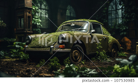 Old overgrown abandoned vintage car 107530985
