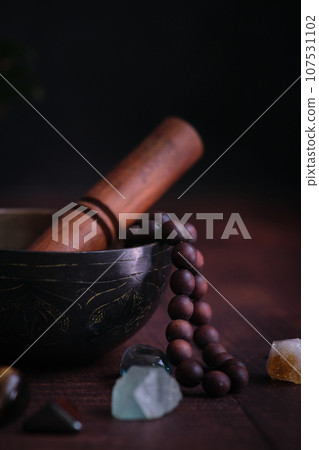 tibetan bowl with rosary beads tibetan bowl with rosary beads 107531102