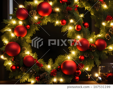 Detailed cinematic HDR wreath for cozy Christmas. 107531199