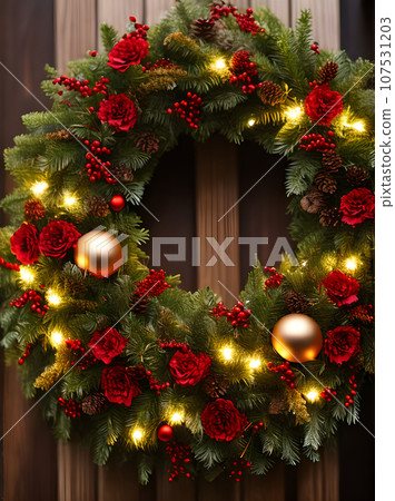 Detailed cinematic HDR wreath for cozy Christmas. 107531203
