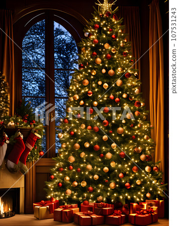 Cozy detailed cinematic HDR K Christmas tree. Cozy detailed cinematic HDR K Christmas tree. 107531243