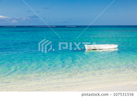 Seascape with boat near sandy beach and blue sky. 107531556