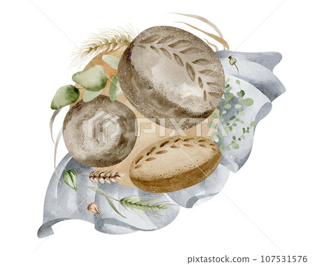 Bakery products with wheat sprouts on the tablecloth.Hand drawn watercolor illustration of homemade baked goods on an isolated background. Baked goods drawing for bakery logo, sign, cookbook. Bakery products with wheat sprouts on the tablecloth.Hand drawn watercolor illustration of homemade baked goods on an isolated background. Baked goods drawing for bakery logo, sign, cookbook. 107531576