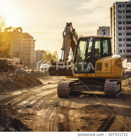 lifestyle photo backhoe at road construction site lifestyle photo backhoe at road construction site 107531712