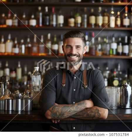 bartender stands behind bar with bottles of liquor bartender stands behind bar with bottles of liquor 107531784