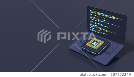 3D render laptop computer with microchip. AI chip hardware concept. Futuristic microchip on laptop. Laptop artificial intelligence. 3D rendering 3D render laptop computer with microchip. AI chip hardware concept. Futuristic microchip on laptop. Laptop artificial intelligence. 3D rendering 107532249
