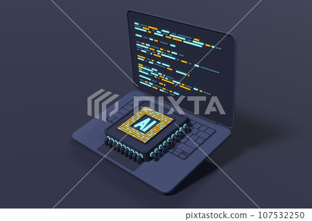 3D render laptop computer with microchip. AI chip hardware concept. Futuristic microchip on laptop. Laptop artificial intelligence. 3D rendering 107532250