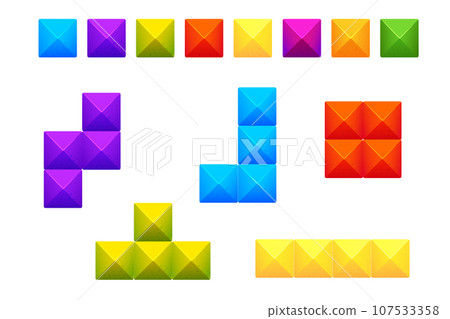 Tetris bricks set, colorfull blocks clasic logic game in cartoon style isolated on white background. Creative detailed shapes 107533358