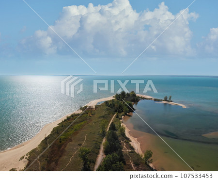 Aerial Shot of lake Huron sand beach, Michigan USA. Aerial Shot of lake Huron sand beach, Michigan USA. 107533453