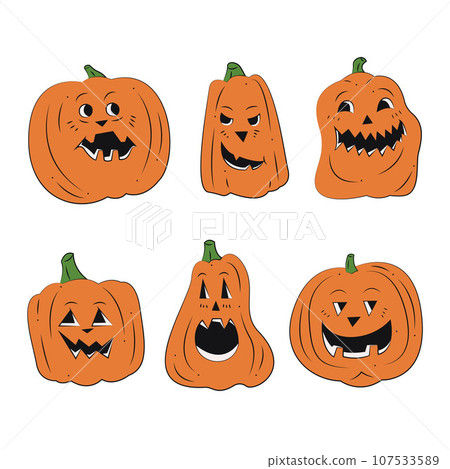 Set of 6 scary Halloween pumpkins. Color flat vector illustration. 107533589