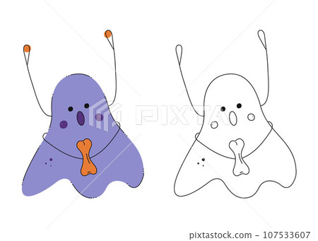 Small set of cute Halloween spirits. Color, black and white flat vector illustration. 107533607