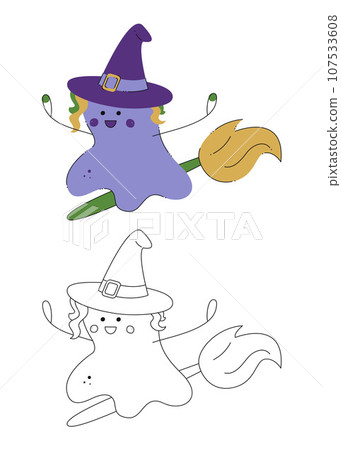 Small set of cute Halloween spirits wearing a witch hat, flying on a broom. Color, black and white flat vector illustration. 107533608