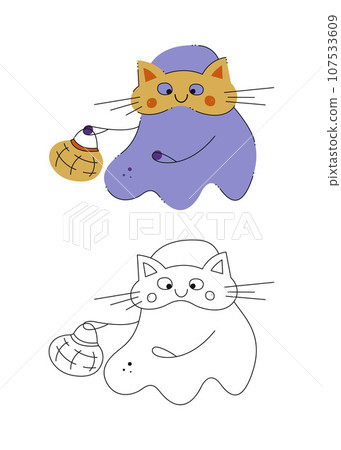 Small set of cute Halloween spirits wearing a cat mask. Color, black and white flat vector illustration. 107533609