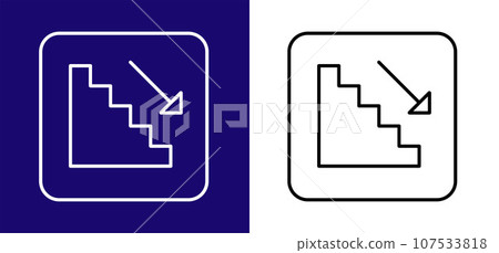 Stairs icon to the left with down arrow. Available in two colors blue, white and white, black.  107533818
