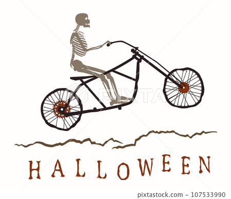 The skeleton rides a motorcycle frame on a bad road to the Halloween. The skeleton rides a motorcycle frame on a bad road to the Halloween. 107533990