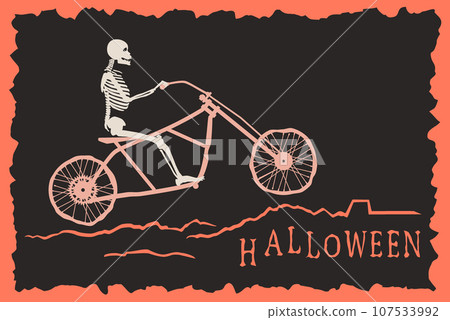 The skeleton rides by motorcycle frame on bad road to the Halloween. The skeleton rides by motorcycle frame on bad road to the Halloween. 107533992
