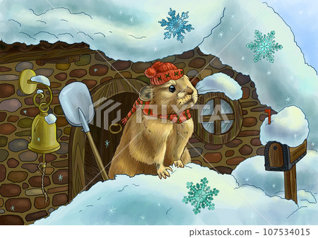 Color illustration of a mouse in a snowdrift. Book children's illustration. Winter view. Snow covered house. For printing on postcards, calendars, books and children's products. Snowy winter. Color illustration of a mouse in a snowdrift. Book children's illustration. Winter view. Snow covered house. For printing on postcards, calendars, books and children's products. Snowy winter. 107534015