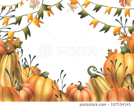 Orange autumn pumpkins with maple leaves, flags garland and twigs. Watercolor illustration, hand drawn. Template, frame on a white background Orange autumn pumpkins with maple leaves, flags garland and twigs. Watercolor illustration, hand drawn. Template, frame on a white background 107534145
