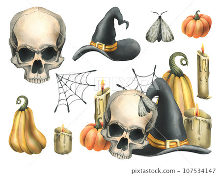 Human skull with black witch hat, orange pumpkins, cobwebs, candles. Hand drawn watercolor illustration for Halloween. Set of isolated elements on a white background Human skull with black witch hat, orange pumpkins, cobwebs, candles. Hand drawn watercolor illustration for Halloween. Set of isolated elements on a white background 107534147