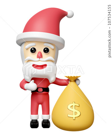 Santa Claus with money bag isolated. merry christmas and happy new year, 3d render illustration 107534155