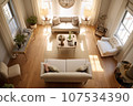Looking down living room. Family laptop. Generate Ai 107534390