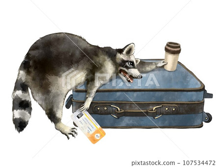 Color illustration of a funny raccoon. Traveling with luggage. Air ticket. A glass of coffee. For printing and website design. Travel business. Funny animals. Raccoon traveler. Fat lazy raccoon. 107534472