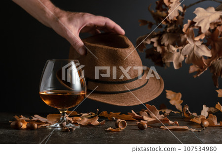 Snifter of brandy on a stone table with dried-up oak leaves. 107534980