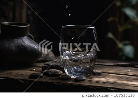 Clean water glass on table. Beverage splash. Generate Ai Clean water glass on table. Beverage splash. Generate Ai 107535136