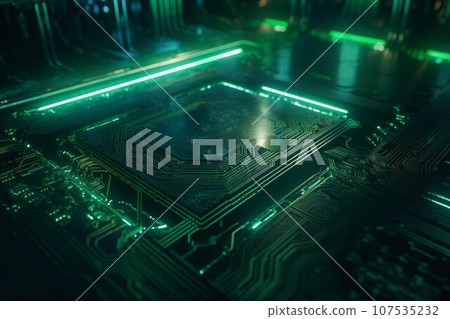 Abstract microchip green board. Modern component. Generate AI 107535232
