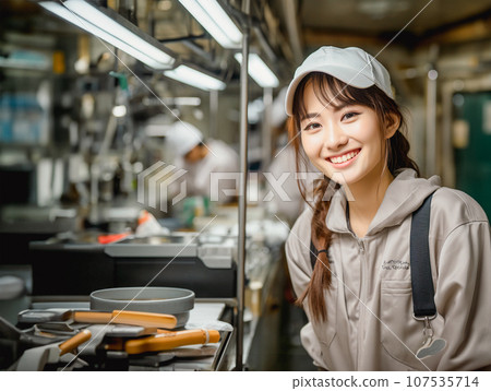 Smiling woman working in work clothes 107535714