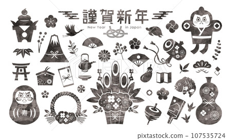 新年日式剪影插圖集（黑白水彩） 107535724