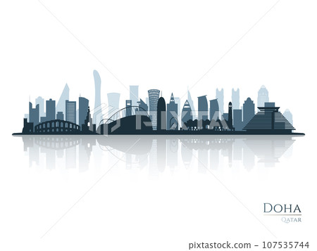 Doha skyline silhouette with reflection. 107535744