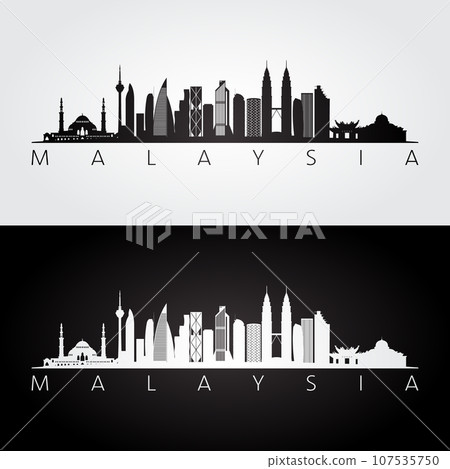 Malaysia skyline and landmarks silhouette 107535750