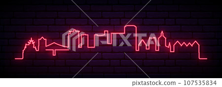 Red neon skyline of Bergen. 107535834