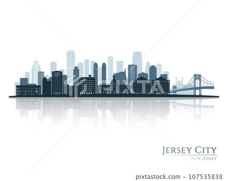 Jersey City skyline silhouette with reflection. Jersey City skyline silhouette with reflection. 107535838