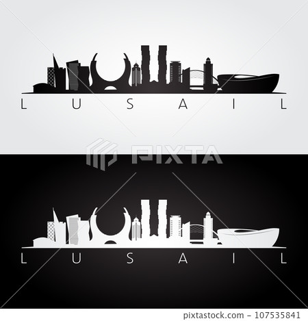 Lusail skyline and landmarks silhouette 107535841