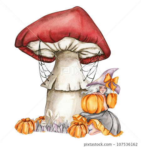 Watercolor hand drawn composition of autumn with pumpkins, mushroom and witch. Hand drawn illustration of autumn. Halloween illustration for sticker, invitation, poster, packaging, designs, cards Watercolor hand drawn composition of autumn with pumpkins, mushroom and witch. Hand drawn illustration of autumn. Halloween illustration for sticker, invitation, poster, packaging, designs, cards 107536162