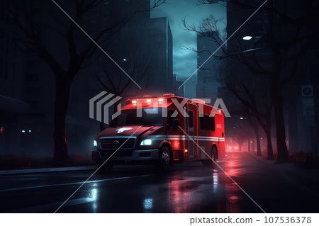 Emergency ambulance car fast driving on night city downtown district with motion blur. 107536378