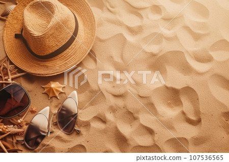 Seashell collection still life with a hat and starfish on a sandy beach background, AI Generative. Seashell collection still life with a hat and starfish on a sandy beach background, AI Generative. 107536565