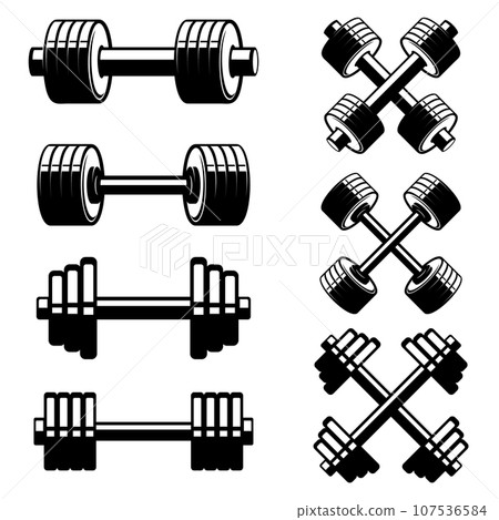 Fitness dumbbells isolated on white background. Design element for logo, label, sign, emblem, poster. Vector illustration Fitness dumbbells isolated on white background. Design element for logo, label, sign, emblem, poster. Vector illustration 107536584