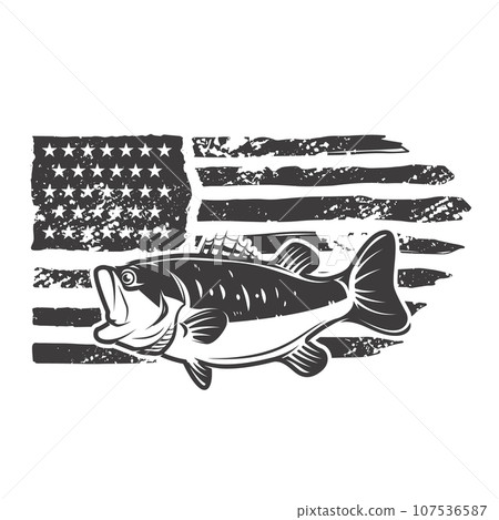 American flag with bass fish illustration. Design element for poster, card, banner, t shirt. Vector illustration 107536587