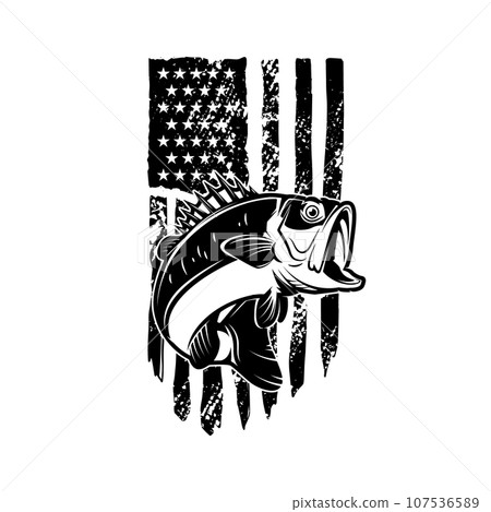 Bass fish on american flag background . Design element for logo, label, sign, emblem, poster. Vector illustration Bass fish on american flag background . Design element for logo, label, sign, emblem, poster. Vector illustration 107536589