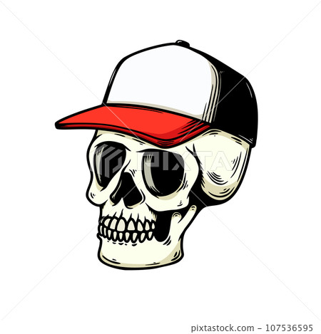 Illustration of human skull in baseball cap isolated on white background. Design element for logo, label, sign, emblem, poster. Vector illustration Illustration of human skull in baseball cap isolated on white background. Design element for logo, label, sign, emblem, poster. Vector illustration 107536595