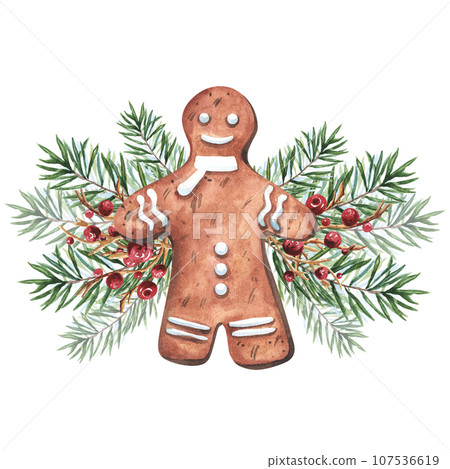 Watercolor gingerbread house with fir branches and berries isolated on white background. Watercolour Christmas food illustration. For decor, textile, packaging, dishes. Watercolor gingerbread house with fir branches and berries isolated on white background. Watercolour Christmas food illustration. For decor, textile, packaging, dishes. 107536619